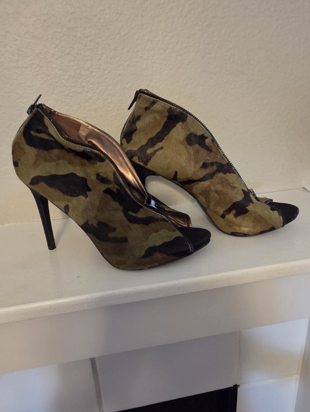 Carlos Camouflage Peep-Toe High Heel Booties - Olive/Black